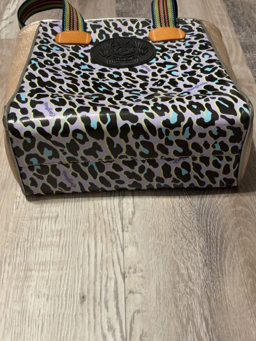 Consuela Leopard Print Tote with Rainbow Straps and Gold Interior